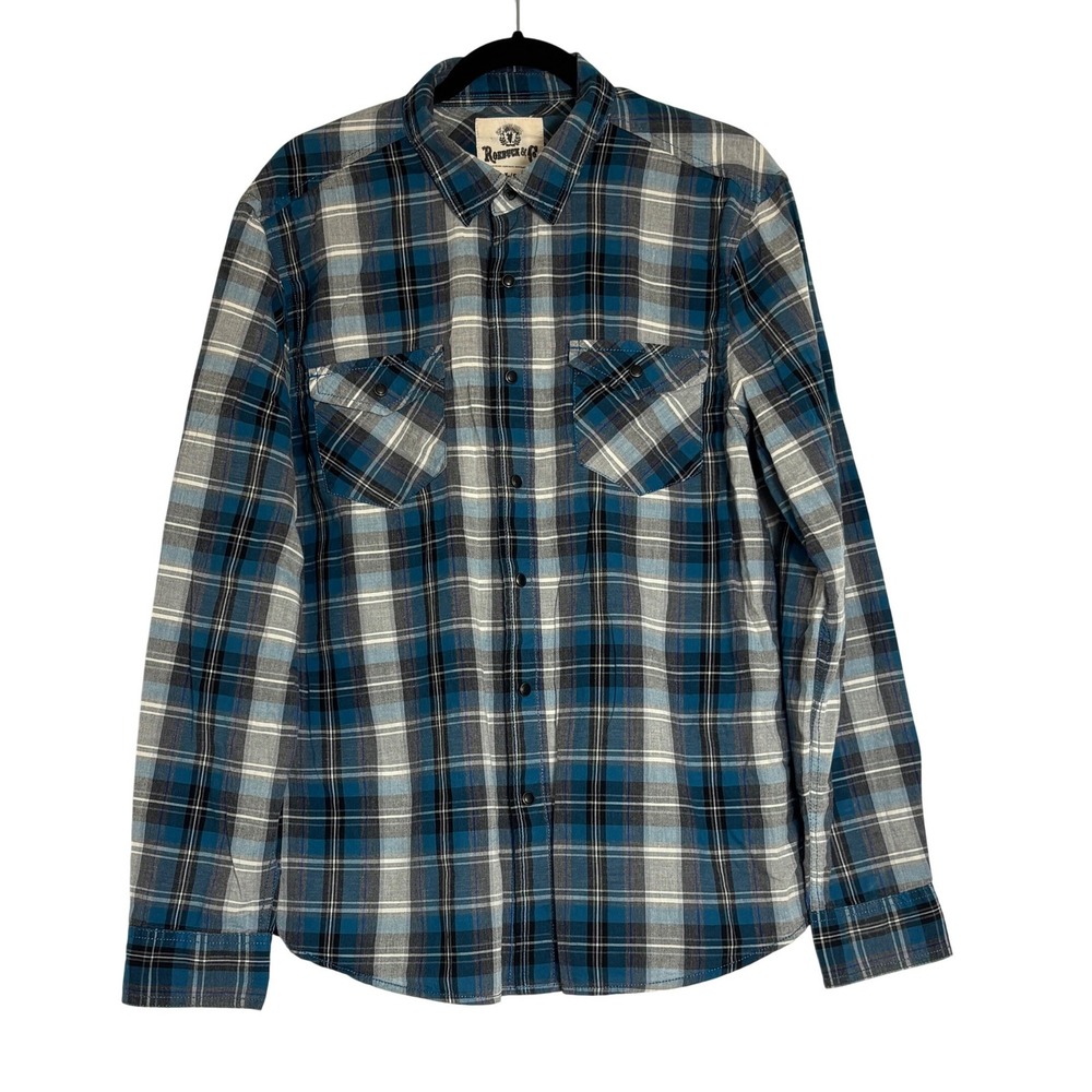 Roebuck & Co Mens Large Blue Plaid Snap Button Down Shirt 100% Cotton L/G Y2K‎